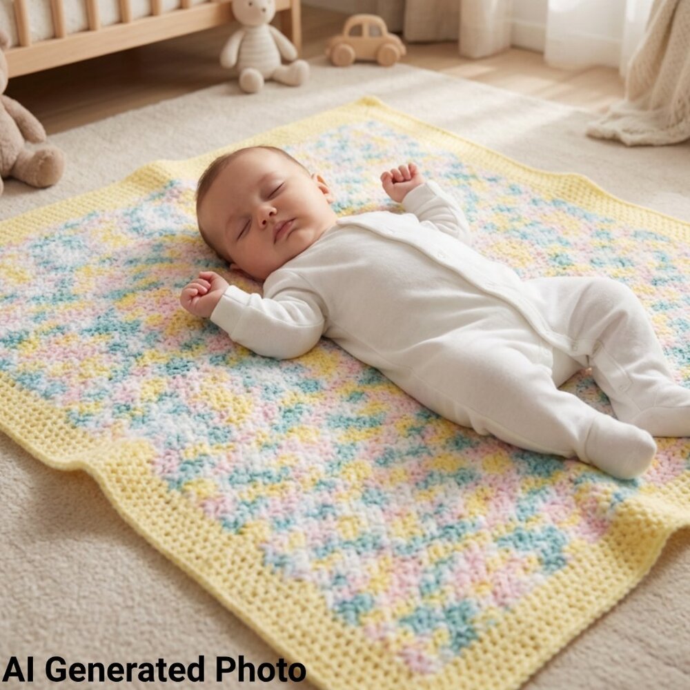 Handmade Knit Pastel Baby Blanket Yellow Pink Blue Vintage Afghan 31.5x42